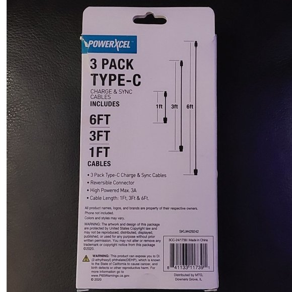 PowerXcel 3 Pack Type C Cables (6 ft, 3 ft , 1 ft) - Picture 2 of 2